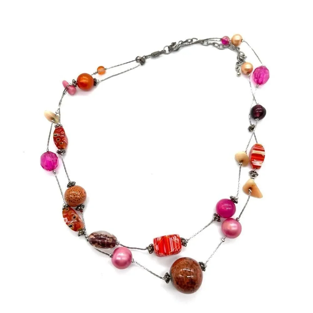 Double SilverTone Chain mixed semi precious stones